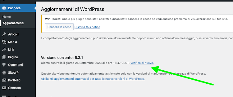 messaggio di aggiornamento wordpress da bacheca