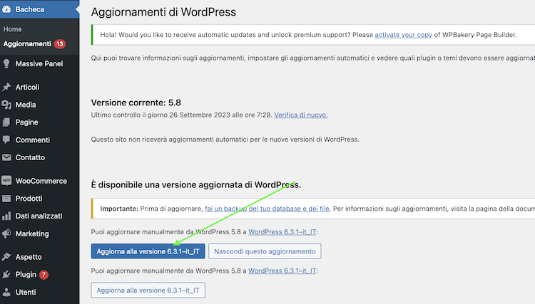 pulsante aggiornare ora alla versione wordpress da bacheca
