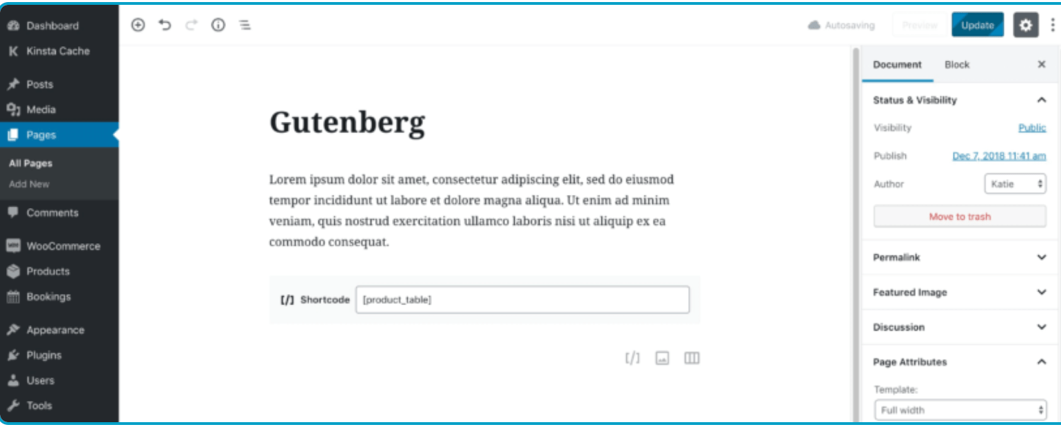 esempio di inserimento su Gutenberg shortcode woocommerce