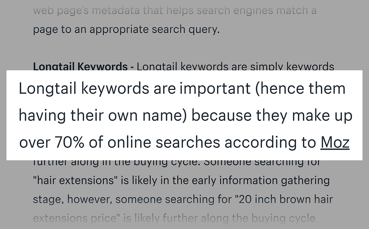 Citazione delle parole chiave longtail di Shopify da Moz