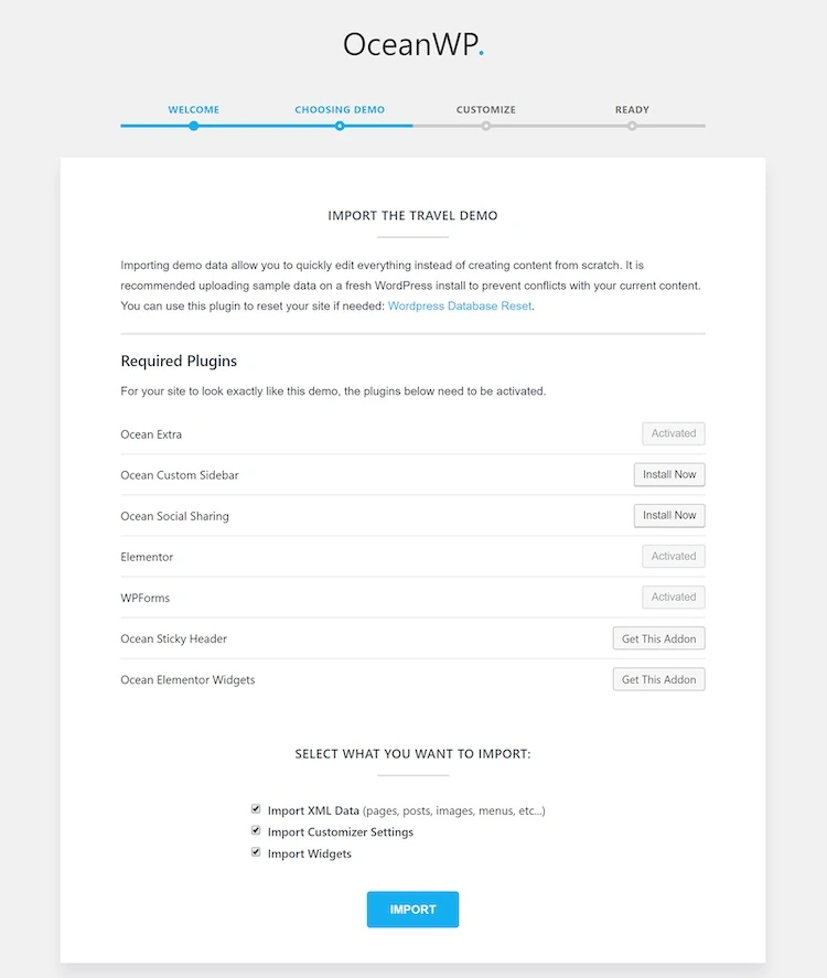 oceanwp installazione wizard importazione tema travel