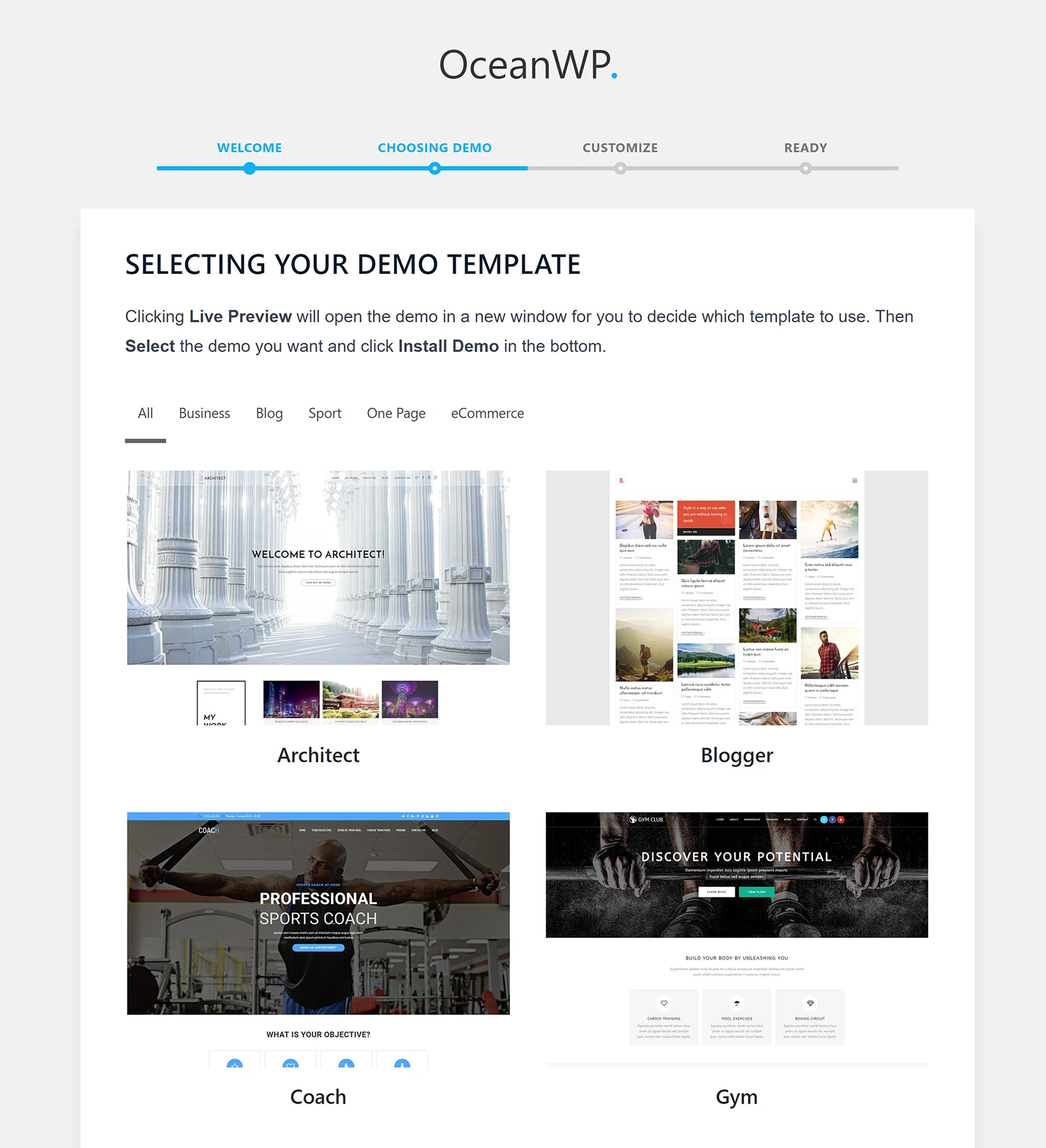 oceanwp installazione wizard selezione tema