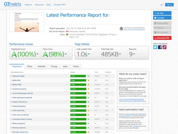 speed test gtmetrix hello elementor dopo la cache 100% A B