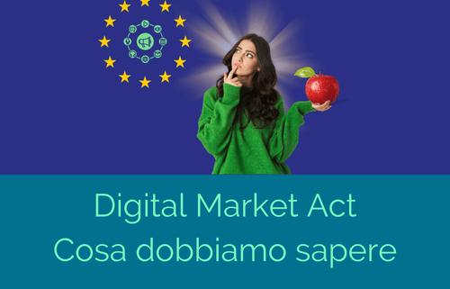 illustrazione di una donna che osserva il digital market act con in mano una enorme mela rossa