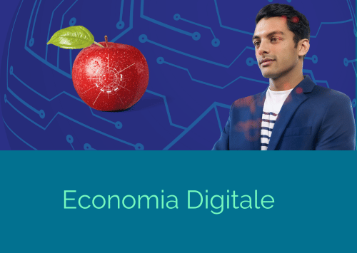 Un uomo osserva una mela rossa digitalizzata Economia digitale