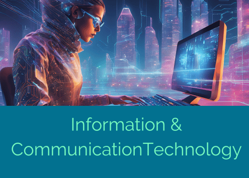 Information and communication technology personificata in un immagine che mostra una donna vestiti in abiti di lattice utilizzare il computer in una città totalmente costruita di percorsi cibernetici