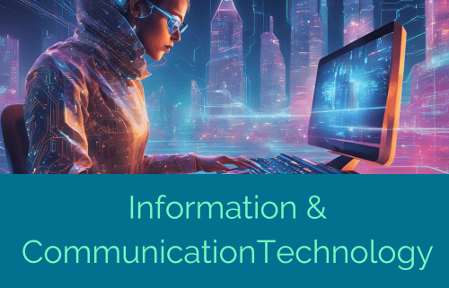Information and communication technology personificata in un immagine che mostra una donna vestiti in abiti di lattice utilizzare il computer in una città totalmente costruita di percorsi cibernetici