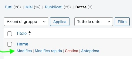 pulsante modifica pagina wordpress su elenco pagine