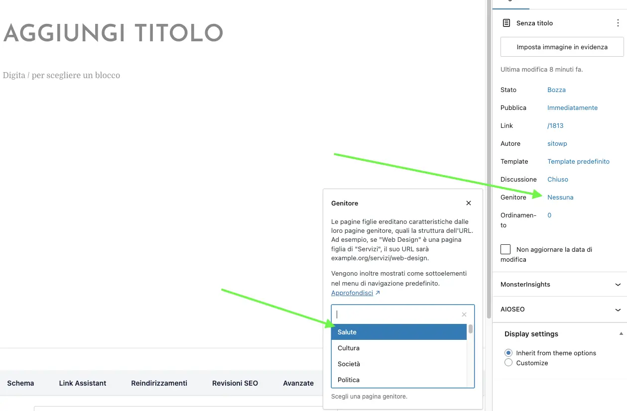 comando per creare una pagina figlia di una pagina genitore