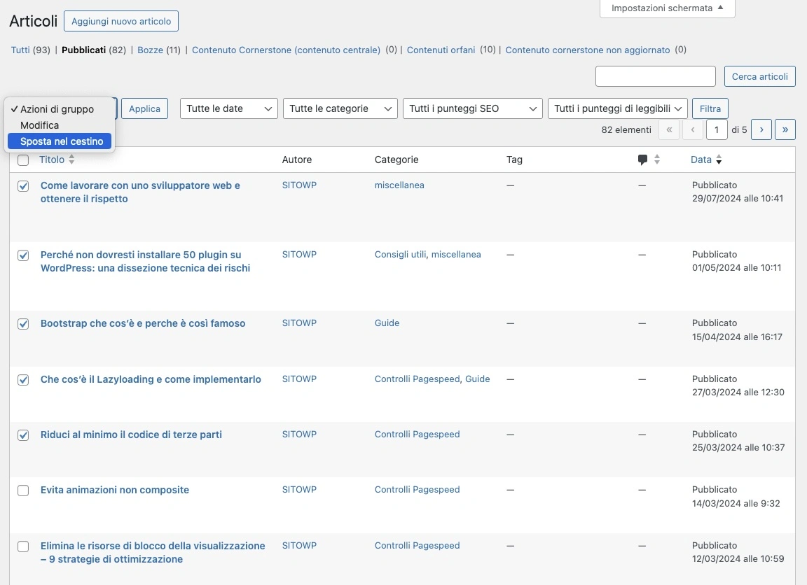 schermata lista articoli selezionati per azioni di gruppo su WordPress