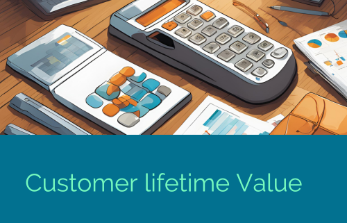 illustrazione degli strumenti necessari per calcolare il customer lifetime value disposti su una scrivania