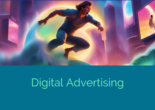 illustrazione che raffigura il digital advertising assimilandolo al surf. Patrick schwaize sul surf