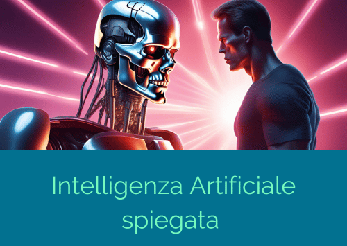 Intelligenza artificiale rappresentata da un cyborg somigliante a terminator di Skynet istruito da Arnold Schwarzenegger