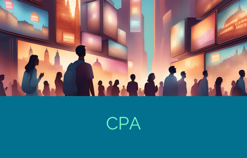 Illustrazione del costo per acquisizione. Rappresenta una via con esposizioni di pubblicità dello stesso prodotto