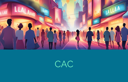 illustrazione che descrive il cac customer acquisition cost, come una strada piena di luci, esposizioni e ogni genere di sforzo per attirare persone ad acquistare nella via