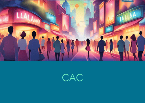 illustrazione che descrive il cac customer acquisition cost, come una strada piena di luci, esposizioni e ogni genere di sforzo per attirare persone ad acquistare nella via