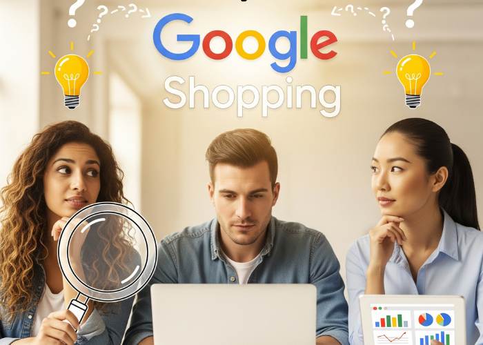 Rappresentazione di diverse figure (acquirente, negoziante, marketer) che trovano risposte e soluzioni grazie a Google Shopping, con un mix di elementi reali e illustrati.