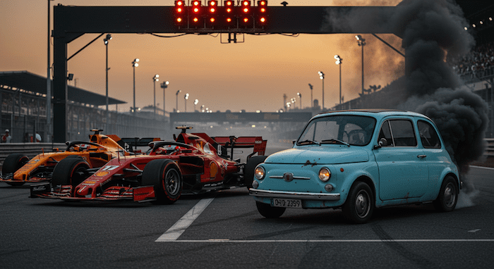 il-paradosso-hosting-low-cost Una moderna Ferrari di Formula Uno, prevalentemente nera con accenti rossi e gialli e loghi degli sponsor, è posizionata alla sinistra di una Fiat 500 azzurra, un'auto compatta molto datata, che emette un denso fumo nero dal posteriore. La Ferrari di Formula Uno rossa presenta grandi pneumatici neri e un design elegante e aerodinamico. A sinistra di quest'auto, è visibile una porzione di un'altra auto di Formula Uno con colorazione arancione e nera. Sopra i due veicoli, un set di luci di partenza su una barra orizzontale nera mostra tutte le luci rosse accese. Il terreno è asfaltato con linee bianche chiaramente delineate. In lontananza, si vede una tribuna sfocata piena di spettatori sotto un cielo velato e arancione, con diverse luci di pista che illuminano la scena. L'auto compatta appare arrugginita e trascurata, creando un netto contrasto visivo con le moderne auto di Formula Uno.