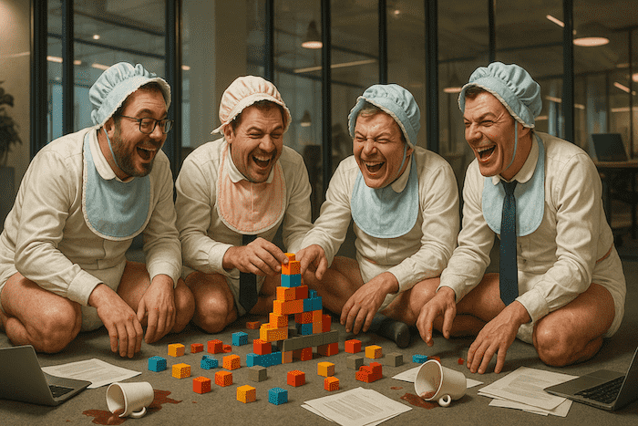 imprenditori-come-bambini-min Un gruppo di moderni uomini d'affari vestiti da neonati – con pannolini, bavaglini e cappellini – è seduto sul pavimento di un elegante ufficio open space. Giocano con coloratissimi mattoncini, ridono e si comportano in modo infantile. L'ambiente è caratterizzato da pareti in vetro, computer portatili sparsi, tazze di caffè rovesciate e documenti aziendali gettati a terra. La scena è una satira sull'immaturità degli imprenditori di oggi. Stile realistico con toni leggermente esagerati e grotteschi. Illuminazione interna soffusa, dettagli molto curati.