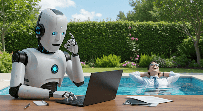 sito-web lavora-da-solo Immagine fotografica che rappresenta l'errata convinzione comune che una volta lanciato un sito web, il lavoro sia finito e che il sito debba automaticamente "fare il suo lavoro". Un robot lavora, parlando con un cliente, guadagnando e sudando per lui, mentre l'uomo d'affari sullo sfondo è in una piscina di un bellissimo giardino, rilassandosi in un bellissimo giardino verde e ridendo come un matto in una giornata di sole.