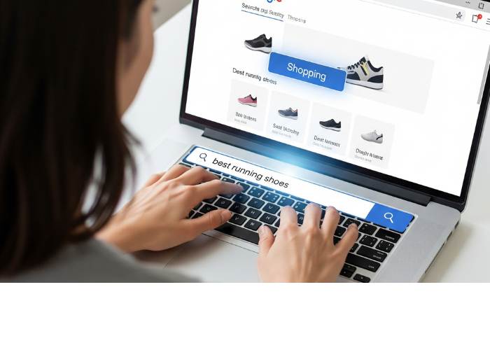 esempio visivo e illustrato di come un utente utilizza il motore di ricerca di google shopping