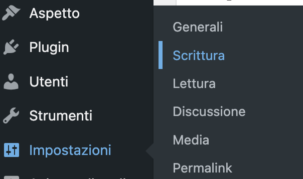Questa schermata mostra il comando per raggiungere impostazioni scrittura wordpress