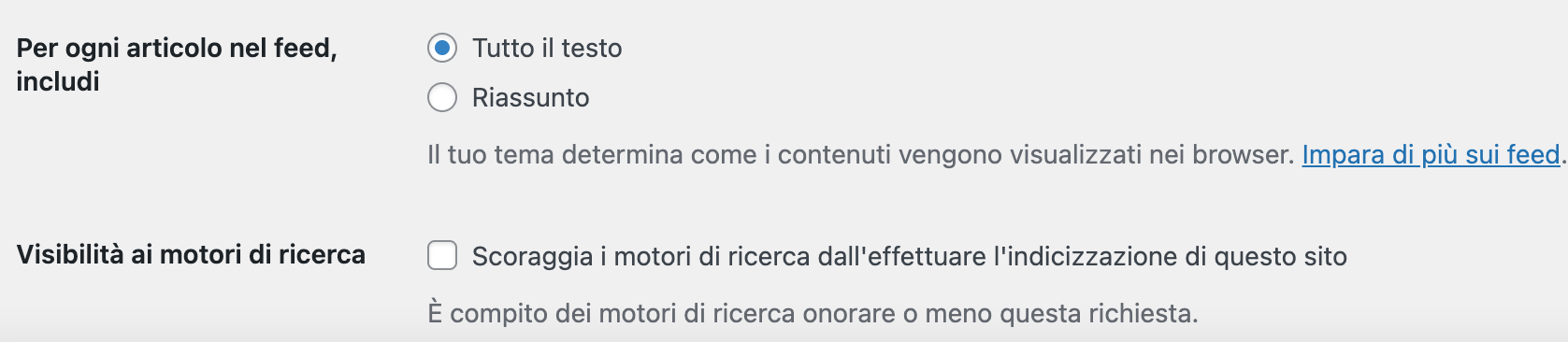 Questa immagine mostra l'opzione riassunto e motori di ricerca nelle impostazioni di lettura WordPress